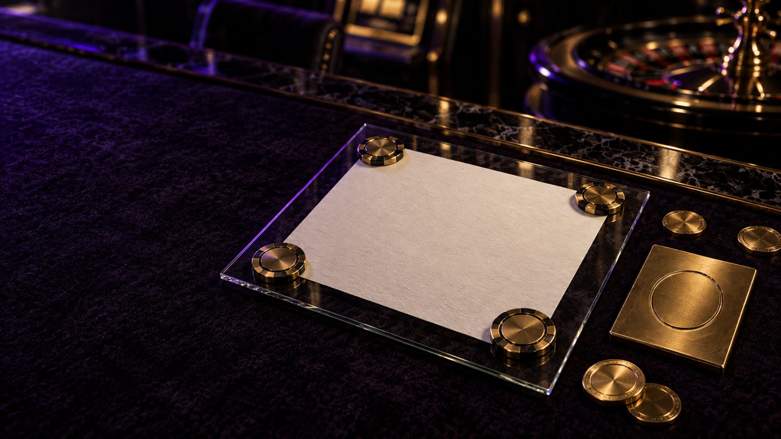Blankes Blatt unter Glas auf dunklem Filz, an den Ecken mit goldenen Spielmarken beschwert