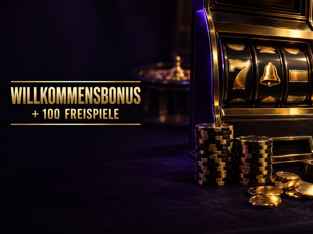 Spielautomat aus Messing mit Spielmarken und Münzen, daneben der Schriftzug Willkommensbonus