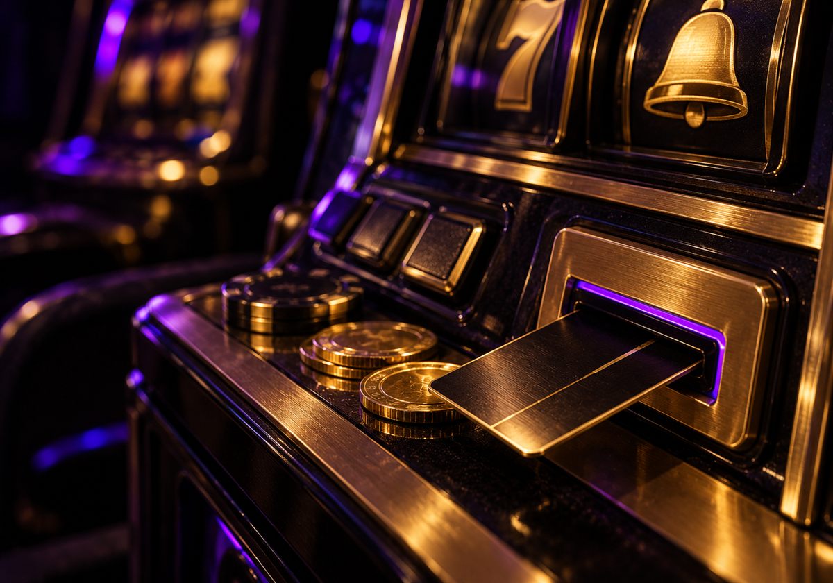 Karte halb im Kartenleser eines Spielautomaten, der Schlitz violett beleuchtet