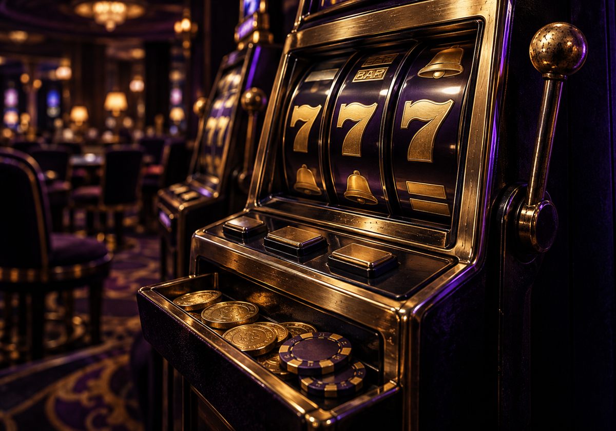 Spielautomat aus Messing mit drei goldenen Siebenern, Hebel und gefüllter Münzschale
